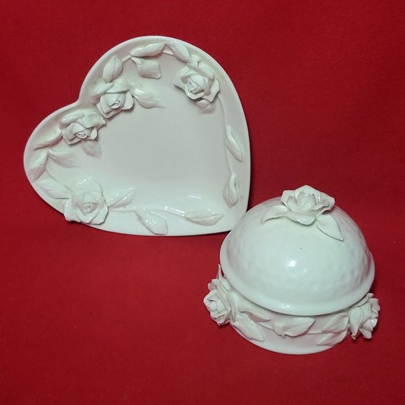 VTG Godinger Porcelain White Rose Dish & Trinket Box - Picture 7 of 14